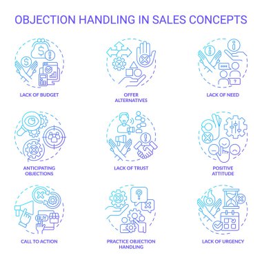 Objection handling in sales blue gradient concept icons. Negotiation strategy. Closing deal. Selling process. Sales technique. Icon pack. Vector images. Round shape illustrations. Abstract idea clipart