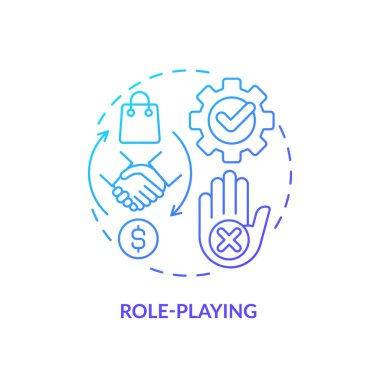 Rol, mavi gradyan konsept simgesini canlandırıyor. Pazarlık yetenekleri. Eğitim tatbikatı. Servis temsilcisi. Satış koçluğu. Yuvarlak şekil çizimi. Soyut bir fikir. Grafik tasarımı. Kullanımı kolay