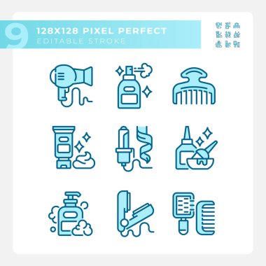 2D pixel perfect collection of icons representing haircare, editable blue thin line monochromatic illustration. clipart