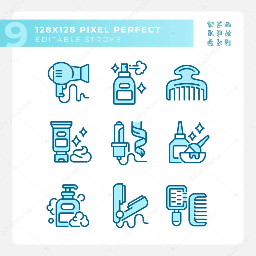 2D pixel perfect collection of icons representing haircare, editable blue thin line monochromatic illustration.