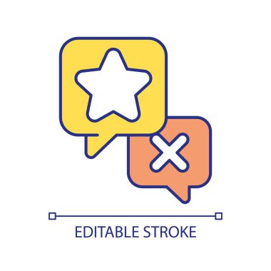 Müşteri geribildirim RGB renk simgesi. Hizmet derecesi. Müşteri belgesi. Kalite kontrolü. Konuşma baloncukları. Çevrimiçi yorum. İzole vektör çizimi. Basit bir çizgi çizimi. Düzenlenebilir vuruş