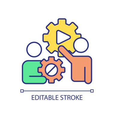 Video içeriği pazarlama RGB renk simgesi. Seo optimizasyonu. Sosyal medya tanıtımı. Dijital strateji. Görsel hikaye anlatımı. İzole vektör çizimi. Basit bir çizgi çizimi. Düzenlenebilir vuruş