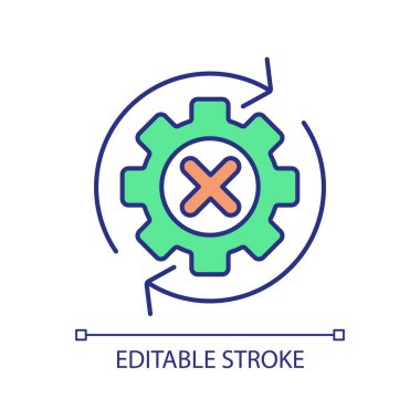 Otomasyon hatası RGB renk simgesi. Bozuk işlem. Yazılım testi. Performans değerlendirmesi. Vites ayarları. Güncelleme hatası. İzole vektör çizimi. Basit bir çizgi çizimi. Düzenlenebilir vuruş