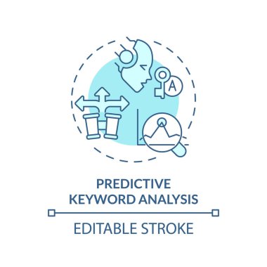 Düzenlenebilir öngörü anahtar sözcük analiz ikonu konsepti, izole vektör, SEO mavi ince çizgi illüstrasyonu için yapay zeka.