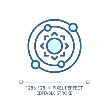Güneş sistemi pikseli mükemmel açık mavi simge. Gök cisimleri. Samanyolu. Gezegen yörüngesi. Uzay keşfi. RGB renk işareti. Basit bir tasarım. Web sembolü. Contour hattı. Düz çizim. Ayrı nesne