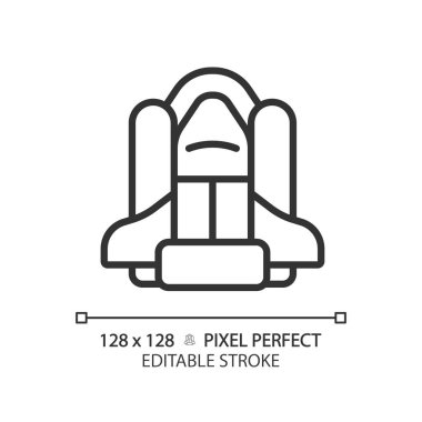 Uzay mekiği pikseli mükemmel doğrusal simge. Araştırma teknolojisi. Aya inmek. Bilim kurgu. Çalıştır. İnce çizgili çizim. Contour sembolü. Vektör çizimi. Düzenlenebilir vuruş