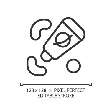 Astronot besin pikseli mükemmel doğrusal ikon. Yer çekimi sıfır. Uzay beslenmesi. Susuz kalmış yemek. Yemek hazır. İnce çizgili çizim. Contour sembolü. Vektör çizimi. Düzenlenebilir vuruş