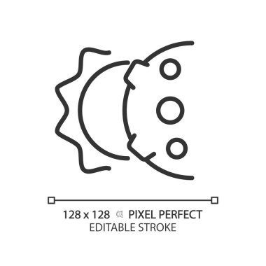 Güneş tutulması pikseli mükemmel doğrusal simge. Doğal mucize. Güneş ve ay. Uzay bilimi. Göksel olay. İnce çizgili çizim. Contour sembolü. Vektör çizimi. Düzenlenebilir vuruş