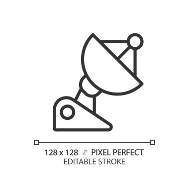 Parabolik çanak piksel mükemmel doğrusal simge. Radyo teleskobu. Mikrodalga anteni. İletişim teknolojisi. İnce çizgili çizim. Contour sembolü. Vektör çizimi. Düzenlenebilir vuruş
