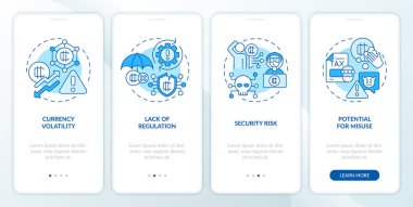 Dijital para birimi mobil uygulama ekranını temsil eden 2D simgeler. İnce çizgi simgeleri konsepti, UI, UX, GUI şablonu ile 4 adım mavi grafik talimatları.
