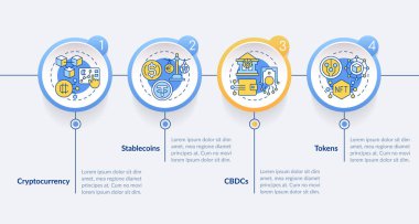 2D renkli dijital para birimi vektör bilgi grafiği şablonu, 4 adımlı veri görselleştirmesi, zaman çizelgesi.