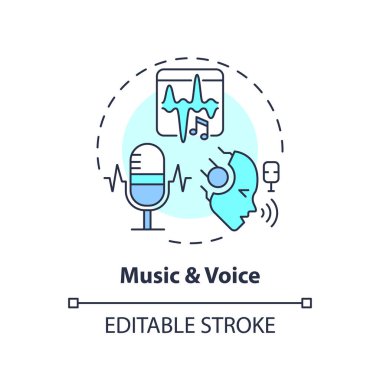 Düzenlenebilir müzik ve ses simgesi kavramı, izole edilmiş vektör, SEO ince çizgi illüstrasyonu için yapay zeka.