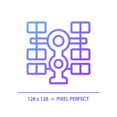 Uzay istasyonu pikseli mükemmel gradyan vektör simgesi. Uluslararası işbirliği. Bilimsel araştırma. İnce çizgi renk sembolü. Modern tarz pictogram. Vektör izole çizimi