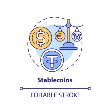 2B düzenlenebilir stabil sikkeler ince çizgi simgesi konsepti, izole vektör, dijital para birimini temsil eden çok renkli illüstrasyon.