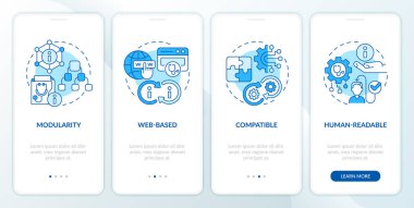 Sağlıklı birlikte çalışabilirlik kaynaklarını temsil eden 2D simgeler mobil uygulama ekranı seti. İnce çizgi simgeleri konsepti, UI, UX, GUI şablonu ile 4 adım mavi grafik talimatları.
