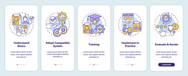 Sağlıklı birlikte çalışabilirlik kaynakları mobil uygulama ekran setini temsil eden 2D çoklu renk simgeleri. Satır simgeleri konsepti, UI, UX, GUI şablonu ile 5 adım grafik talimatları.