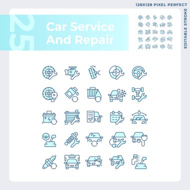 2B piksel mükemmel mavi simgeler araba tamiri ve servisini temsil eder, düzenlenebilir ince çizgi çizimi.