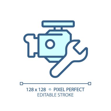 2B piksel mükemmel düzenlenebilir mavi araba motor tamir ikonu, izole vektör, ince çizgi çizimi araba servisi ve onarım.