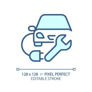 2B piksel mükemmel düzenlenebilir mavi elektrikli araba şarj ikonu, izole vektör, ince çizgi çizimi araba servisi ve onarım.