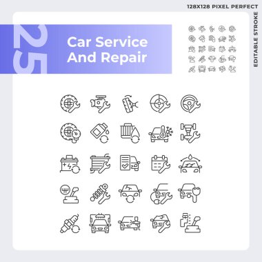 2B piksel mükemmel siyah simge paketi araba tamirini ve servisini temsil ediyor, düzenlenebilir ince çizgi çizimi.