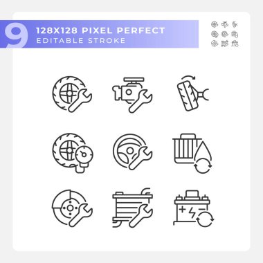 2D piksel mükemmel siyah simgeler seti araba tamirini ve servisini temsil eder, düzenlenebilir ince doğrusal illüstrasyon.