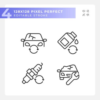 2D piksel mükemmel siyah simgeler seti araba tamirini ve servisini temsil eder, düzenlenebilir ince doğrusal illüstrasyon.