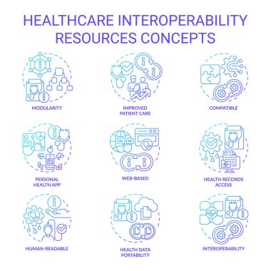 Collection of gradient blue thin line icons representing health interoperability resources, isolated vector, linear illustration. clipart