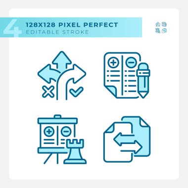 2D pixel perfect blue icons set representing comparisons, editable thin linear illustration. clipart