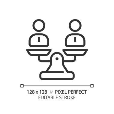 Ağırlık ölçeği simgesi, izole vektör, karşılaştırmaları temsil eden ince çizgi illüstrasyonu üzerinde 2B piksel mükemmel özelleştirilebilir siyah insanlar.