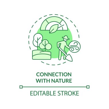 Doğa yeşili konsept ikonu ile bağlantı. Çiftlik işleri. Açık hava aktivitesi. Doğal ortam. Sürdürülebilir yaşam tarzı. Yuvarlak şekil çizimi. Soyut bir fikir. Grafik tasarımı. Kullanımı kolay