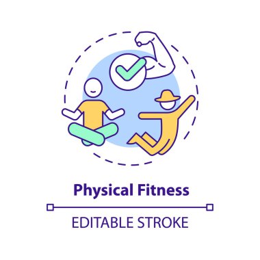 Fiziksel fitness çok renkli konsept simgesi. El işçiliği. Vücut gücü. Çiftlik işleri. Sağlıklı bir yaşam tarzı. İyi olmak. Yuvarlak şekil çizimi. Soyut bir fikir. Grafik tasarımı. Kullanımı kolay