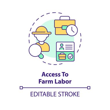 Çiftlik işçilerinin çok renkli konsept ikonuna erişim. Zirve sezonu. Göçmen işçi. Tarım endüstrisi. İşgücü yönetimi. Yuvarlak şekil çizimi. Soyut bir fikir. Grafik tasarımı. Kullanımı kolay