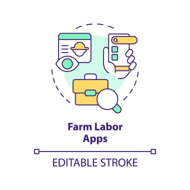 Çiftlik işçisi uygulamaları çok renkli konsept simgesi. Çevrim içi platform. İşe alma işlemi. Mobil uygulama. Tarım işi. Yuvarlak şekil çizimi. Soyut bir fikir. Grafik tasarımı. Kullanımı kolay