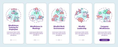 2D simgeler dikkatli girişimcilik mobil uygulama ekran setini temsil ediyor. Basit ince doğrusal simge konsepti, UI, UX, GUI şablonu ile 5 adım renkli grafik komutları.