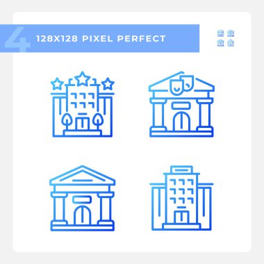 2B piksel mükemmel mavi gradyan simgeler binaları temsil ediyor, ince çizgi çizimi.