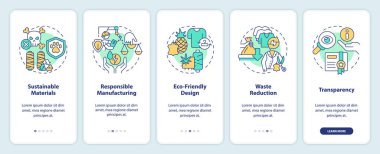 Sürdürülebilir Moda Moda Uygulaması Ekran setini temsil eden 2D simgeler. İnce doğrusal simge konsepti, UI, UX, GUI şablonu ile 5 basamaklı çok renkli grafik talimatları.