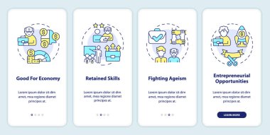 Emeksiz mobil uygulama ekran setini temsil eden 2D simgeler. Doğrusal simge konsepti, UI, UX, GUI şablonu ile 4 basamaklı çoklu renk grafiksel talimatlar.