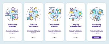 Emeksiz mobil uygulama ekran setini temsil eden 2D simgeler. İnce doğrusal simge konsepti, UI, UX, GUI şablonu ile 5 basamaklı çok renkli grafik talimatları.