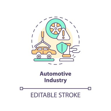 2B düzenlenebilir otomotiv endüstrisi ince çizgi simgesi konsepti, izole vektör, ürün mesuliyetini temsil eden çok renkli illüstrasyon.