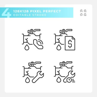 Piksel mükemmel siyah simgeler seti sıhhi tesisatı temsil ediyor, düzenlenebilir ince çizgi çizimi.