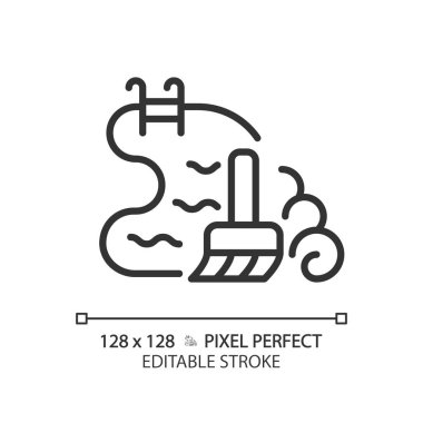 2D piksel mükemmel düzenlenebilir siyah yüzme havuzu temizleme ikonu, izole vektör, sıhhi tesisatı temsil eden ince çizgi illüstrasyonu.