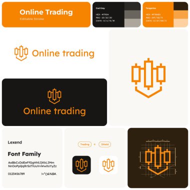 Markası olan 2D online ticaret logosu. Ticaret ve kalkan ikonu. Tasarım elemanı ve görsel kimlik. Lexend yazı tipli şablon. Ticaret, borsa, yatırım ve küresel ekonomi için elverişli.