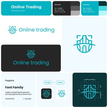 Online ticaret logosu ve marka ismi. Köprü ve kalkan simgesi. Tasarım elemanı ve görsel kimlik. Poppins yazı tipli şablon. Ticaret, borsa, yatırım ve küresel ekonomi için elverişli.