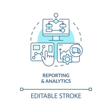 2B düzenlenebilir raporlama ve analitik ince çizgi simgesi konsepti, izole vektör, satıcı yönetimini temsil eden mavi illüstrasyon.