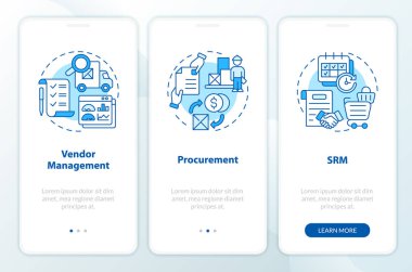 Satıcı yönetim mobil uygulama ekran setini temsil eden 2D simgeler. İnce çizgi simgeleri konsepti, UI, UX, GUI şablonu ile mavi grafik yönergeleri üzerinden yürü.