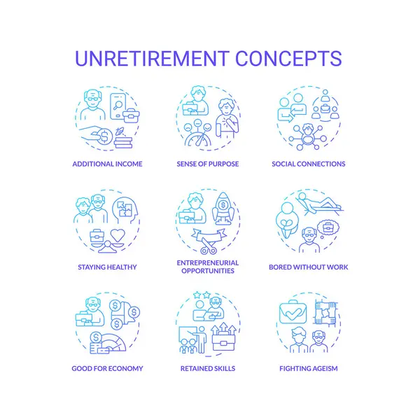Emeklilik içermeyen kavramları, izole edilmiş vektörü, ince çizgi mavi illüstrasyonu temsil eden 2B gradyan simgeleri kümesi.