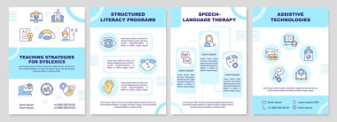 Disleksik broşür şürü için 2B öğretim stratejileri, ince doğrusal simgeli broşür tasarımı, 4 vektör düzeni.
