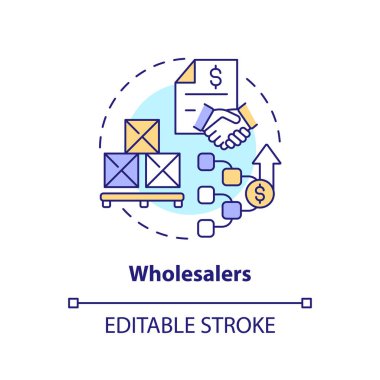 2B düzenlenebilir toptancılar ince çizgi simgesi konsepti, izole vektör, çok renkli çizimler tedarikçi yönetimini temsil ediyor.