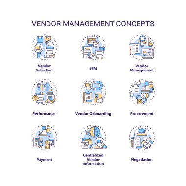 Satıcı yönetim kavramlarını temsil eden 2B düzenlenebilir simgeler, izole edilmiş vektör, ince çizgi renkli illüstrasyon.