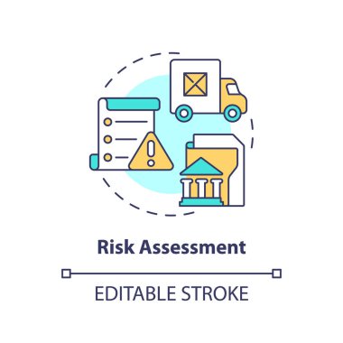 2B düzenlenebilir risk değerlendirmesi ince çizgi simgesi konsepti, izole vektör, çok renkli çizimler tedarikçi yönetimini temsil ediyor.
